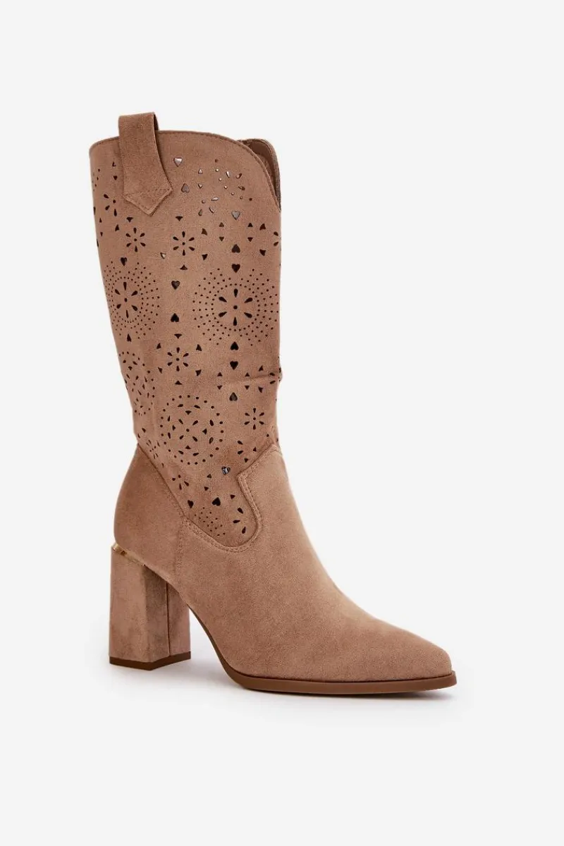 Outlet Ażurowe Botki Damskie Na Słupku Z Noskami W Szpic Eko Zamszowe Ciemnobeżowe Nevithra Damskie Botki Na Słupku|Botki Ażurowe