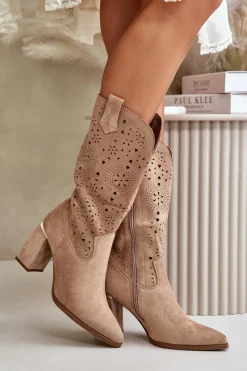 Outlet Ażurowe Botki Damskie Na Słupku Z Noskami W Szpic Eko Zamszowe Ciemnobeżowe Nevithra Damskie Botki Na Słupku|Botki Ażurowe