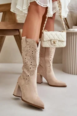 New Ażurowe Botki Damskie Na Słupku Z Noskami W Szpic Eko Zamszowe Beżowe Nevithra Damskie Botki Na Słupku|Botki Ażurowe