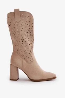 New Ażurowe Botki Damskie Na Słupku Z Noskami W Szpic Eko Zamszowe Beżowe Nevithra Damskie Botki Na Słupku|Botki Ażurowe