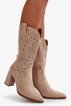 New Ażurowe Botki Damskie Na Słupku Z Noskami W Szpic Eko Zamszowe Beżowe Nevithra Damskie Botki Na Słupku|Botki Ażurowe