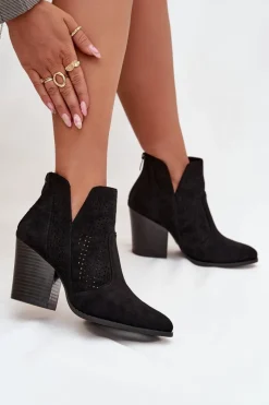 Best Ażurowe Botki Damskie Na Słupku S.Barski HY51-060 Czarne Damskie Botki Na Słupku|Botki Ażurowe