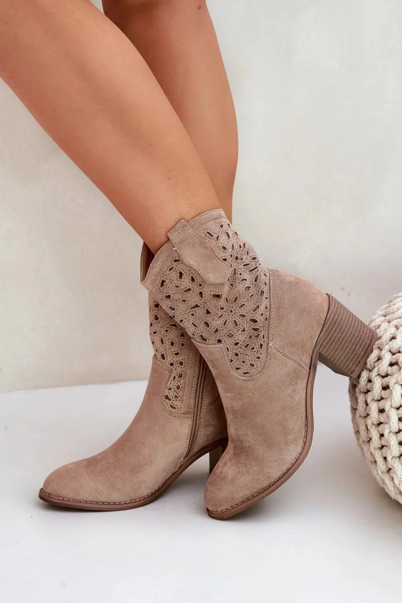 Online Ażurowe Botki Kowbojki Damskie Na Obcasie S.Barski HY51-125 Beżowe Damskie Botki Na Słupku|Botki Ażurowe