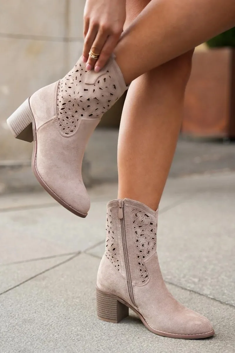 Online Ażurowe Botki Kowbojki Damskie Na Obcasie S.Barski HY51-125 Beżowe Damskie Botki Na Słupku|Botki Ażurowe