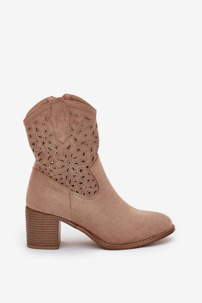 Online Ażurowe Botki Kowbojki Damskie Na Obcasie S.Barski HY51-125 Beżowe Damskie Botki Na Słupku|Botki Ażurowe