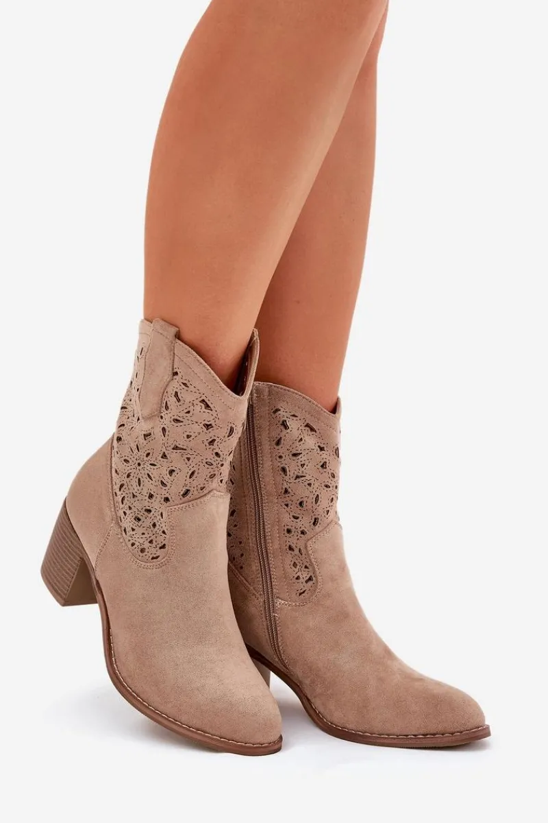 Online Ażurowe Botki Kowbojki Damskie Na Obcasie S.Barski HY51-125 Beżowe Damskie Botki Na Słupku|Botki Ażurowe