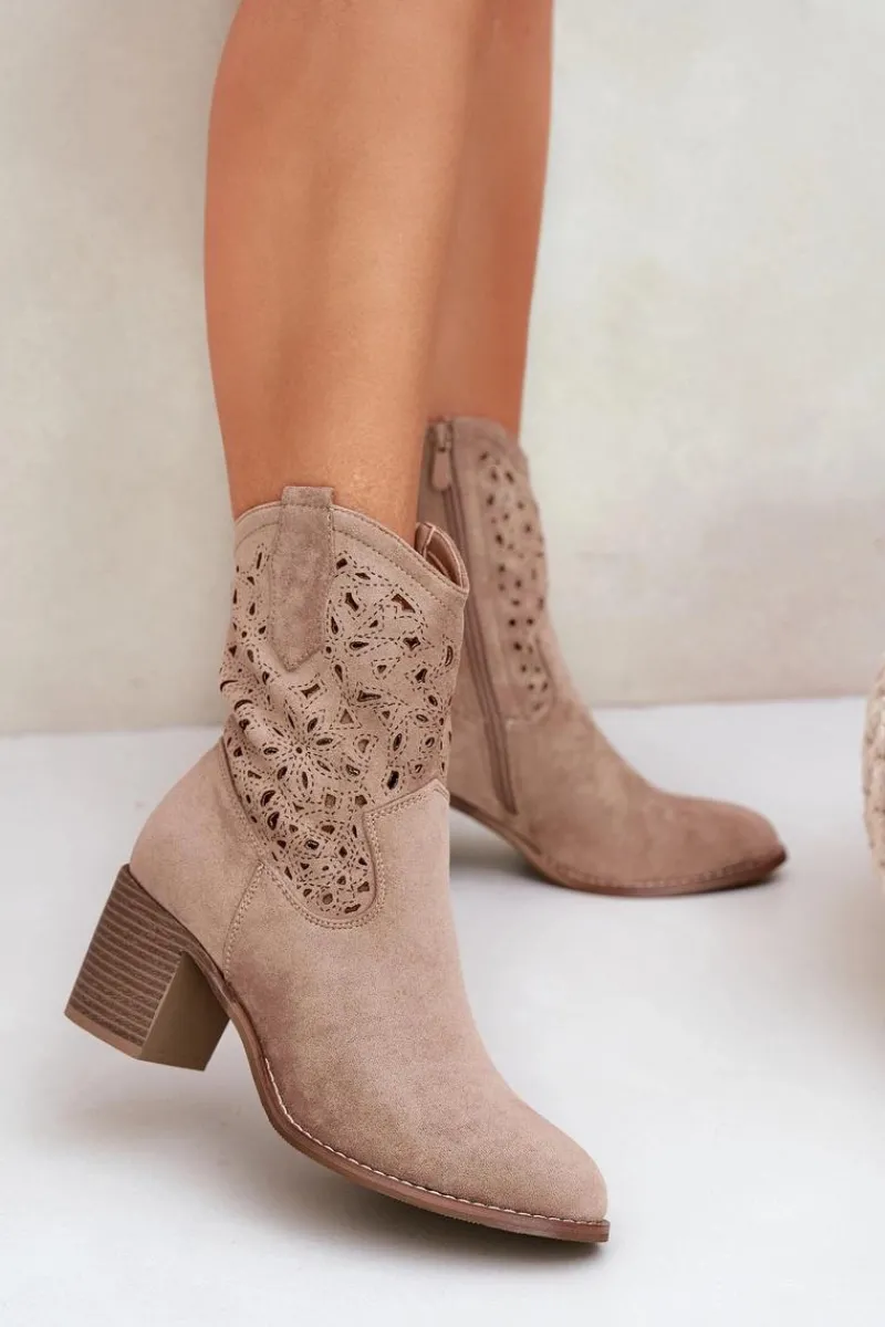 Online Ażurowe Botki Kowbojki Damskie Na Obcasie S.Barski HY51-125 Beżowe Damskie Botki Na Słupku|Botki Ażurowe