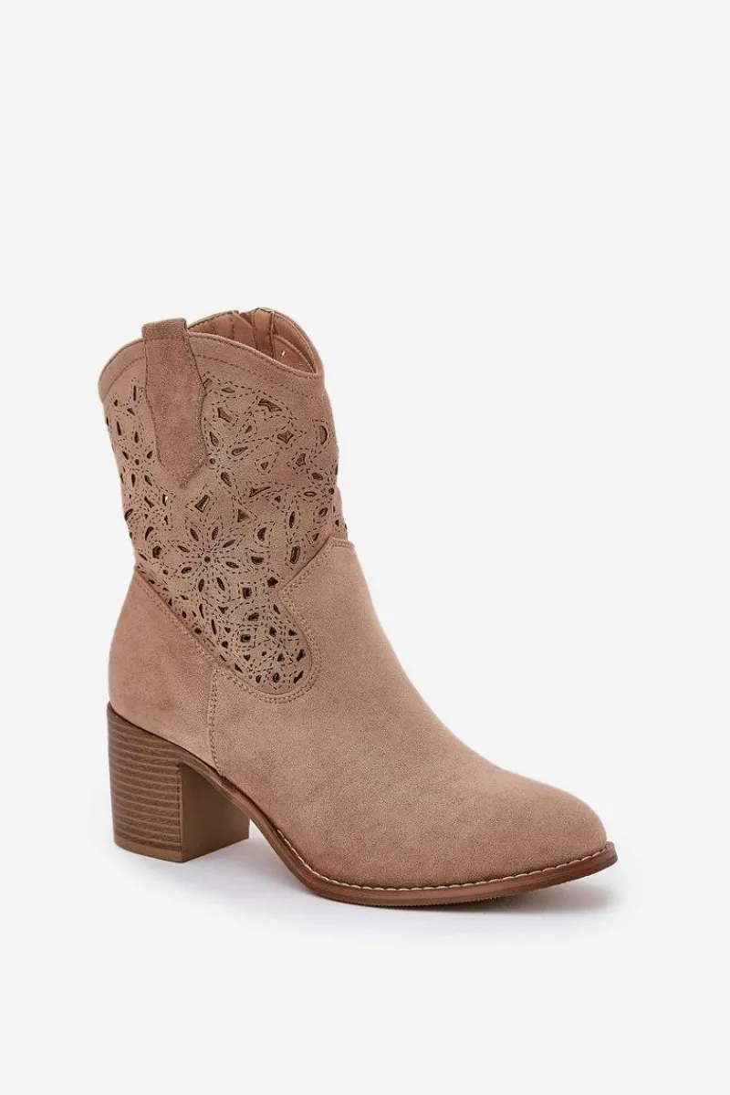 Online Ażurowe Botki Kowbojki Damskie Na Obcasie S.Barski HY51-125 Beżowe Damskie Botki Na Słupku|Botki Ażurowe