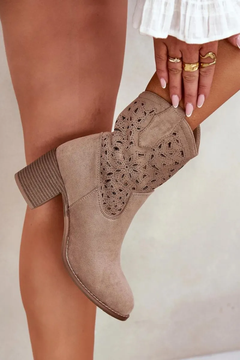 Online Ażurowe Botki Kowbojki Damskie Na Obcasie S.Barski HY51-125 Beżowe Damskie Botki Na Słupku|Botki Ażurowe