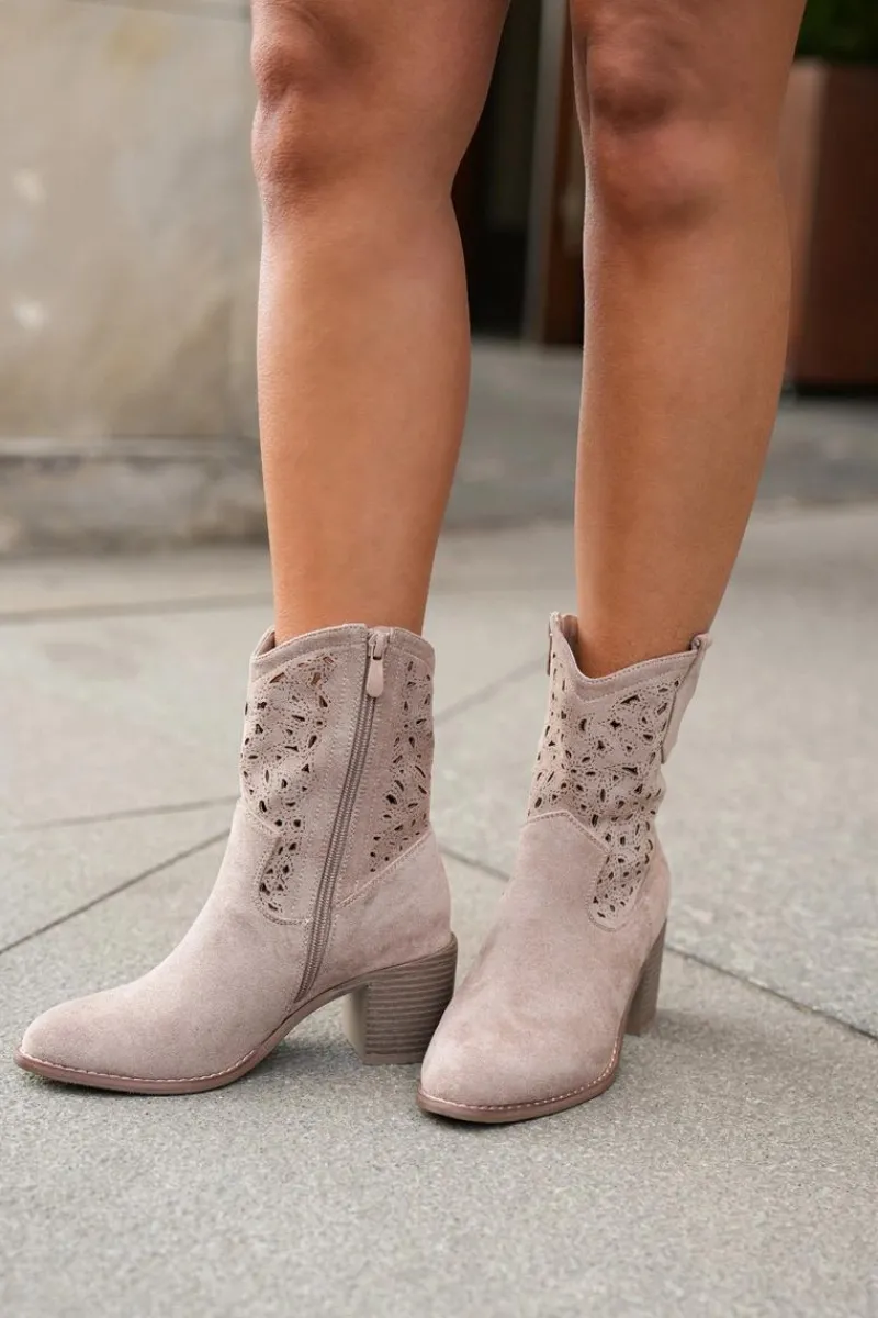 Online Ażurowe Botki Kowbojki Damskie Na Obcasie S.Barski HY51-125 Beżowe Damskie Botki Na Słupku|Botki Ażurowe