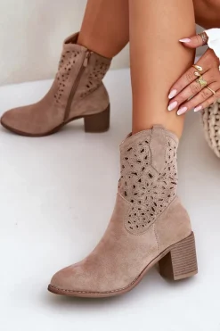 Online Ażurowe Botki Kowbojki Damskie Na Obcasie S.Barski HY51-125 Beżowe Damskie Botki Na Słupku|Botki Ażurowe