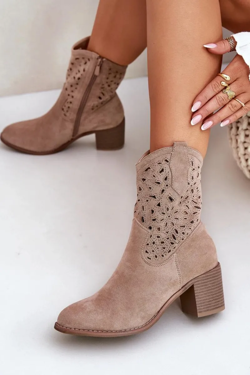 Online Ażurowe Botki Kowbojki Damskie Na Obcasie S.Barski HY51-125 Beżowe Damskie Botki Na Słupku|Botki Ażurowe