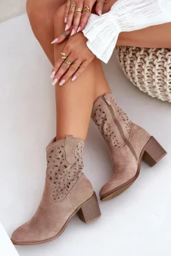 Online Ażurowe Botki Kowbojki Damskie Na Obcasie S.Barski HY51-125 Beżowe Damskie Botki Na Słupku|Botki Ażurowe