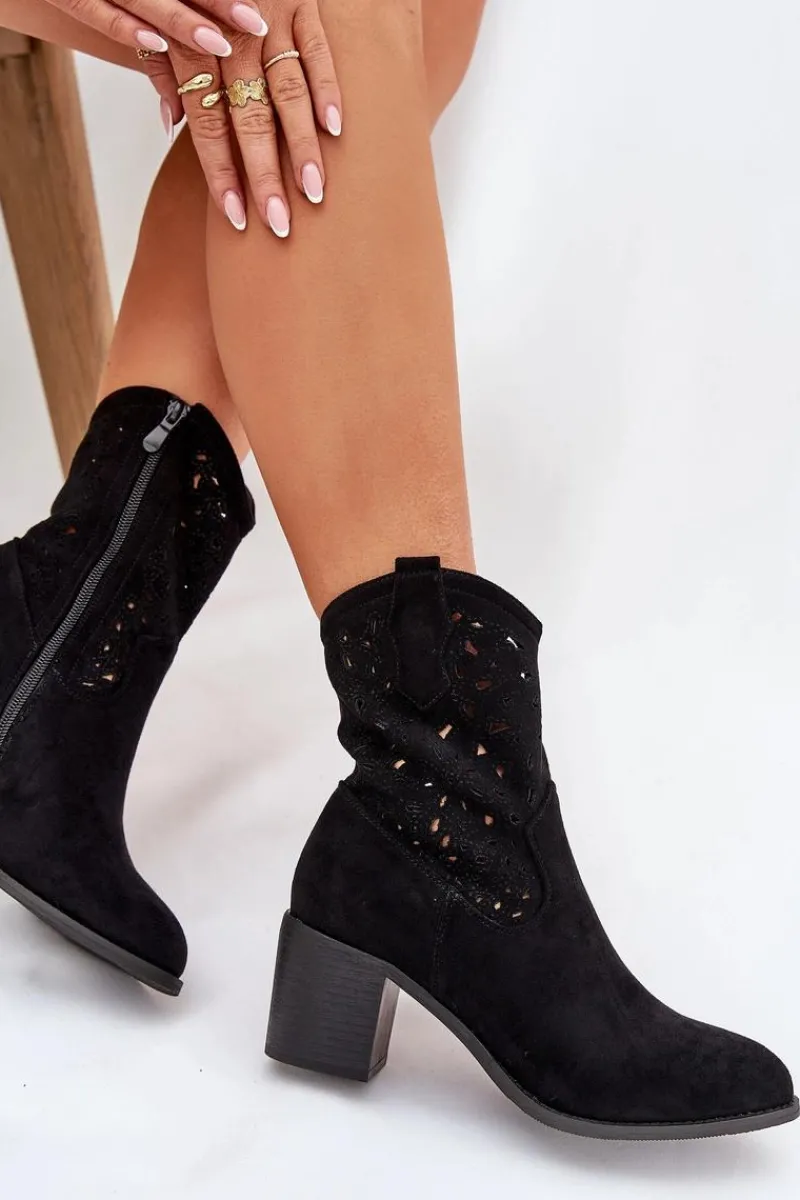 Botki Na Słupku|Botki Ażurowe>Damskie buty S.Barski Ażurowe Botki Kowbojki Damskie Na Obcasie S.Barski HY51-125 Czarne Czarny