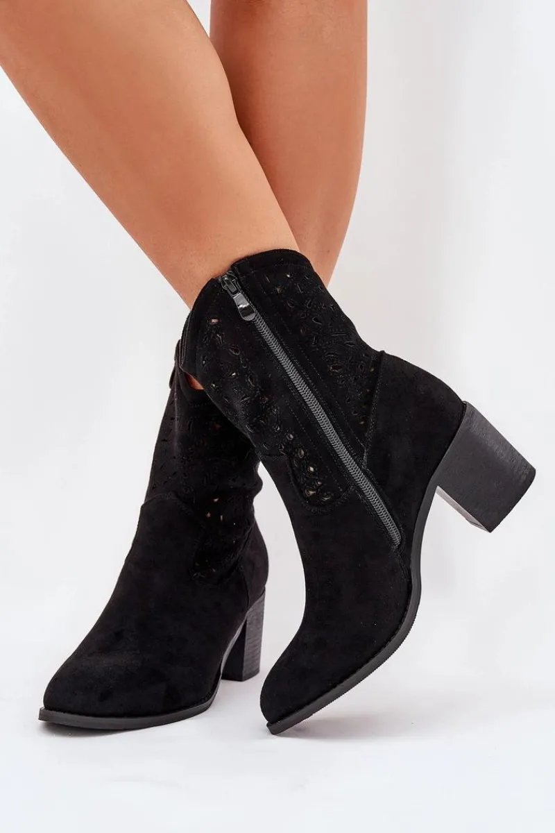 Botki Na Słupku|Botki Ażurowe>Damskie buty S.Barski Ażurowe Botki Kowbojki Damskie Na Obcasie S.Barski HY51-125 Czarne Czarny