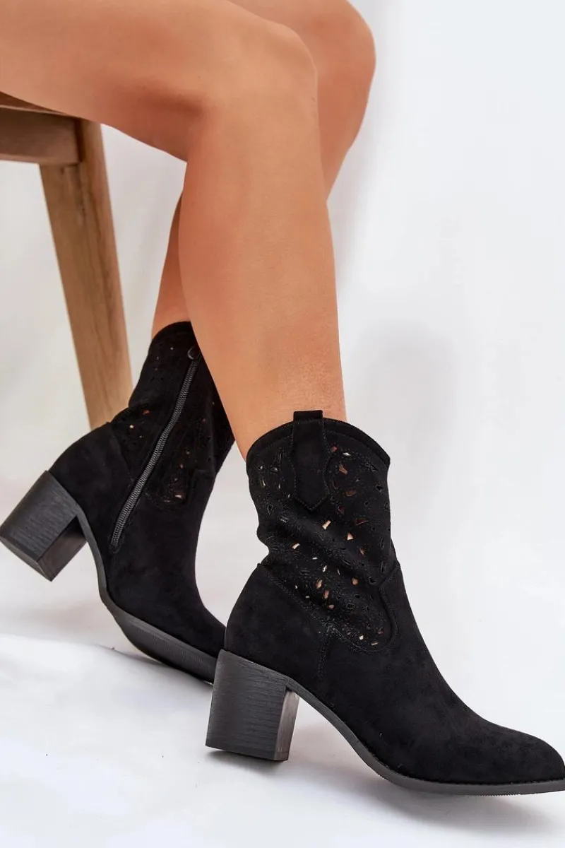 Botki Na Słupku|Botki Ażurowe>Damskie buty S.Barski Ażurowe Botki Kowbojki Damskie Na Obcasie S.Barski HY51-125 Czarne Czarny