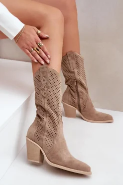 Sale Boto Ażurowe Botki Kowbojki Na Słupku Ciemnobeżowe Salive