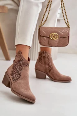 Botki Skórzane|Botki Na Słupku>Damskie buty S.Barski Ażurowe Botki Kowbojki Na Zamek Eko Zamszowe Brązowe S.Barski HY42-944