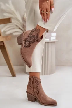 Botki Skórzane|Botki Na Słupku>Damskie buty S.Barski Ażurowe Botki Kowbojki Na Zamek Eko Zamszowe Brązowe S.Barski HY42-944