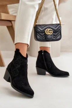 Botki Skórzane|Botki Na Słupku>Damskie buty S.Barski Ażurowe Botki Kowbojki Na Zamek Eko Zamszowe Czarne S.Barski HY42-944 Czarny