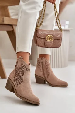 Best Ażurowe Botki Kowbojki Na Zamek Eko Zamszowe Beżowe S.Barski HY42-944 Damskie Botki Skórzane|Botki Na Słupku