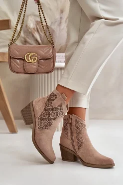 Best Ażurowe Botki Kowbojki Na Zamek Eko Zamszowe Beżowe S.Barski HY42-944 Damskie Botki Skórzane|Botki Na Słupku