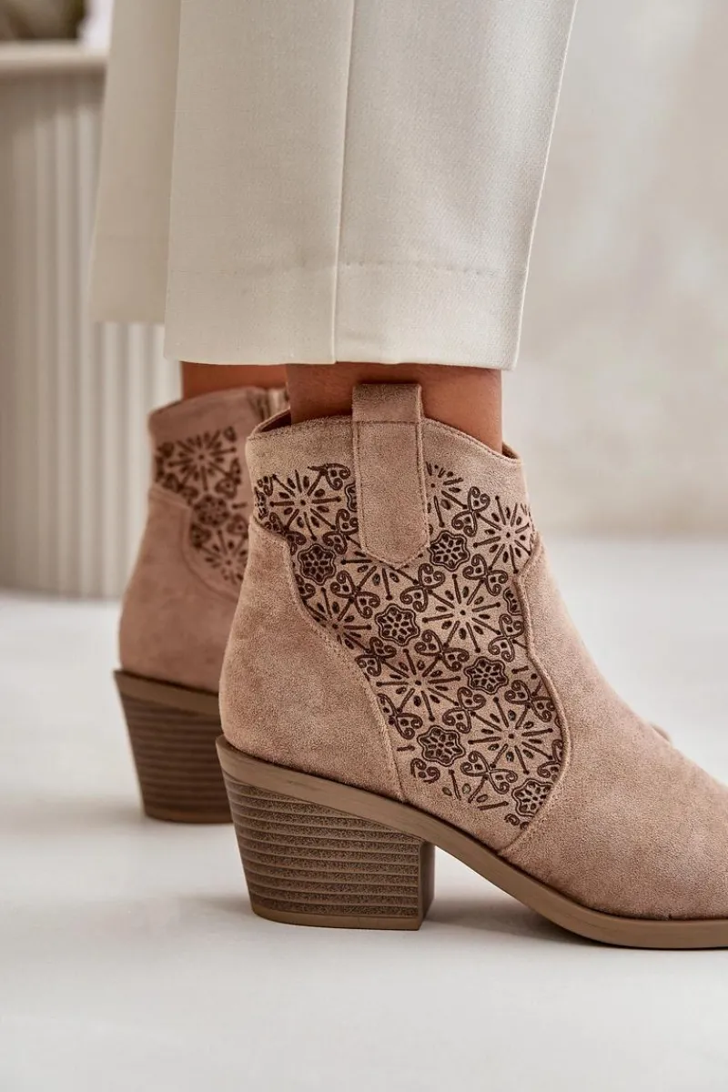 Best Ażurowe Botki Kowbojki Na Zamek Eko Zamszowe Beżowe S.Barski HY42-944 Damskie Botki Skórzane|Botki Na Słupku