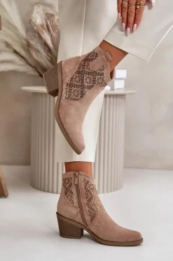 Best Ażurowe Botki Kowbojki Na Zamek Eko Zamszowe Beżowe S.Barski HY42-944 Damskie Botki Skórzane|Botki Na Słupku