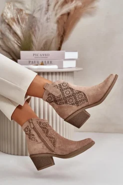 Best Ażurowe Botki Kowbojki Na Zamek Eko Zamszowe Beżowe S.Barski HY42-944 Damskie Botki Skórzane|Botki Na Słupku