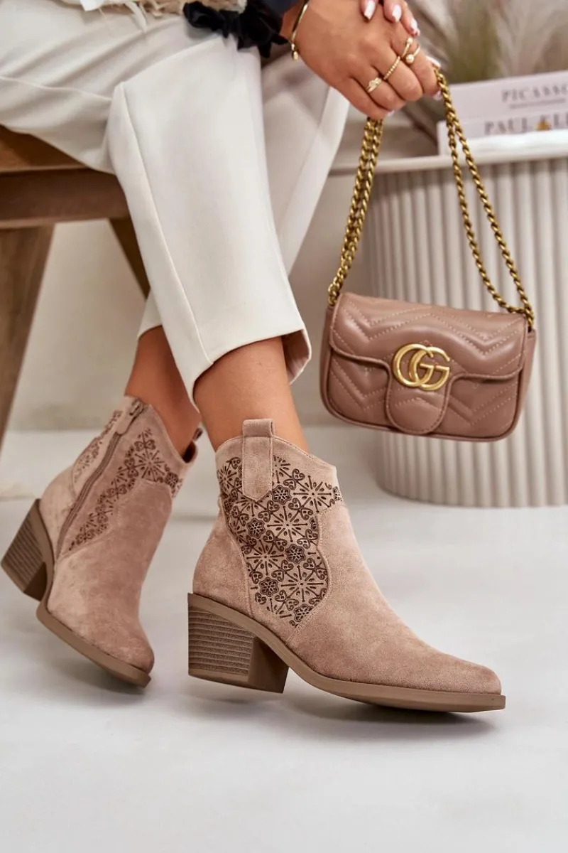 Best Ażurowe Botki Kowbojki Na Zamek Eko Zamszowe Beżowe S.Barski HY42-944 Damskie Botki Skórzane|Botki Na Słupku