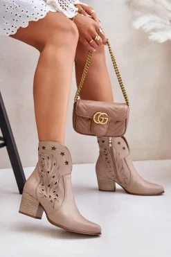 Sale Boto Ażurowe Botki Kowbojki Skórzane Na Słupku Lewski 3613 Beżowe