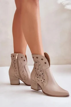Sale Boto Ażurowe Botki Kowbojki Skórzane Na Słupku Lewski 3613 Beżowe