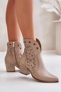 Sale Boto Ażurowe Botki Kowbojki Skórzane Na Słupku Lewski 3613 Beżowe