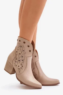 Sale Boto Ażurowe Botki Kowbojki Skórzane Na Słupku Lewski 3613 Beżowe