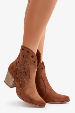 Outlet Ażurowe Botki Kowbojki Zamszowe Na Słupku Lewski 3613 Brązowe Damskie Botki Ażurowe|Brązowe I Beżowe Botki