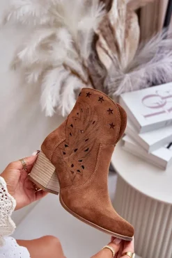 Outlet Ażurowe Botki Kowbojki Zamszowe Na Słupku Lewski 3613 Brązowe Damskie Botki Ażurowe|Brązowe I Beżowe Botki