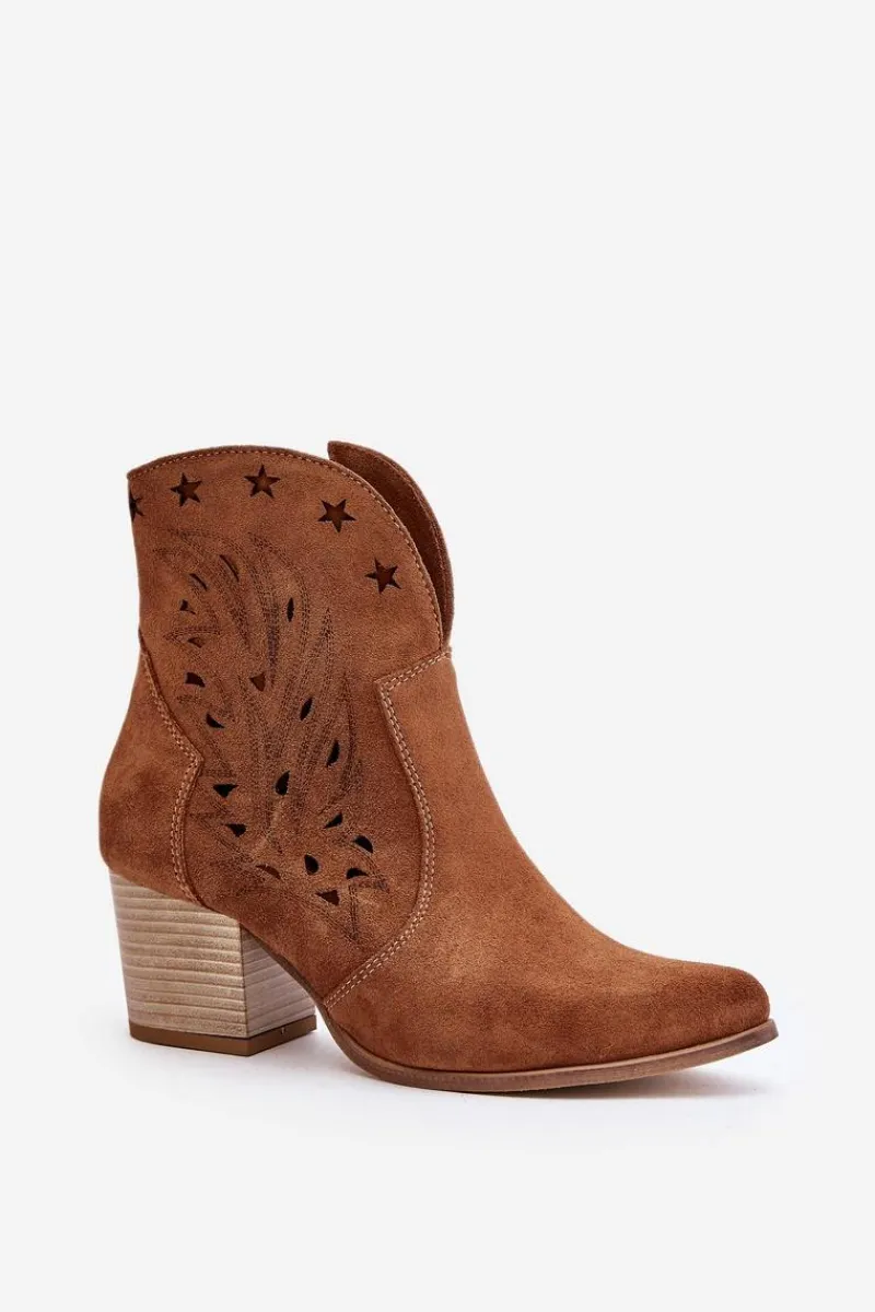 Outlet Ażurowe Botki Kowbojki Zamszowe Na Słupku Lewski 3613 Brązowe Damskie Botki Ażurowe|Brązowe I Beżowe Botki