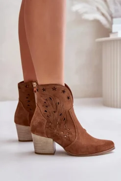 Outlet Ażurowe Botki Kowbojki Zamszowe Na Słupku Lewski 3613 Brązowe Damskie Botki Ażurowe|Brązowe I Beżowe Botki