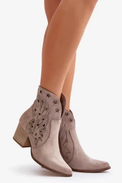New Ażurowe Botki Kowbojki Zamszowe Na Słupku Lewski 3613 Cappucino Damskie Botki Ażurowe|Brązowe I Beżowe Botki