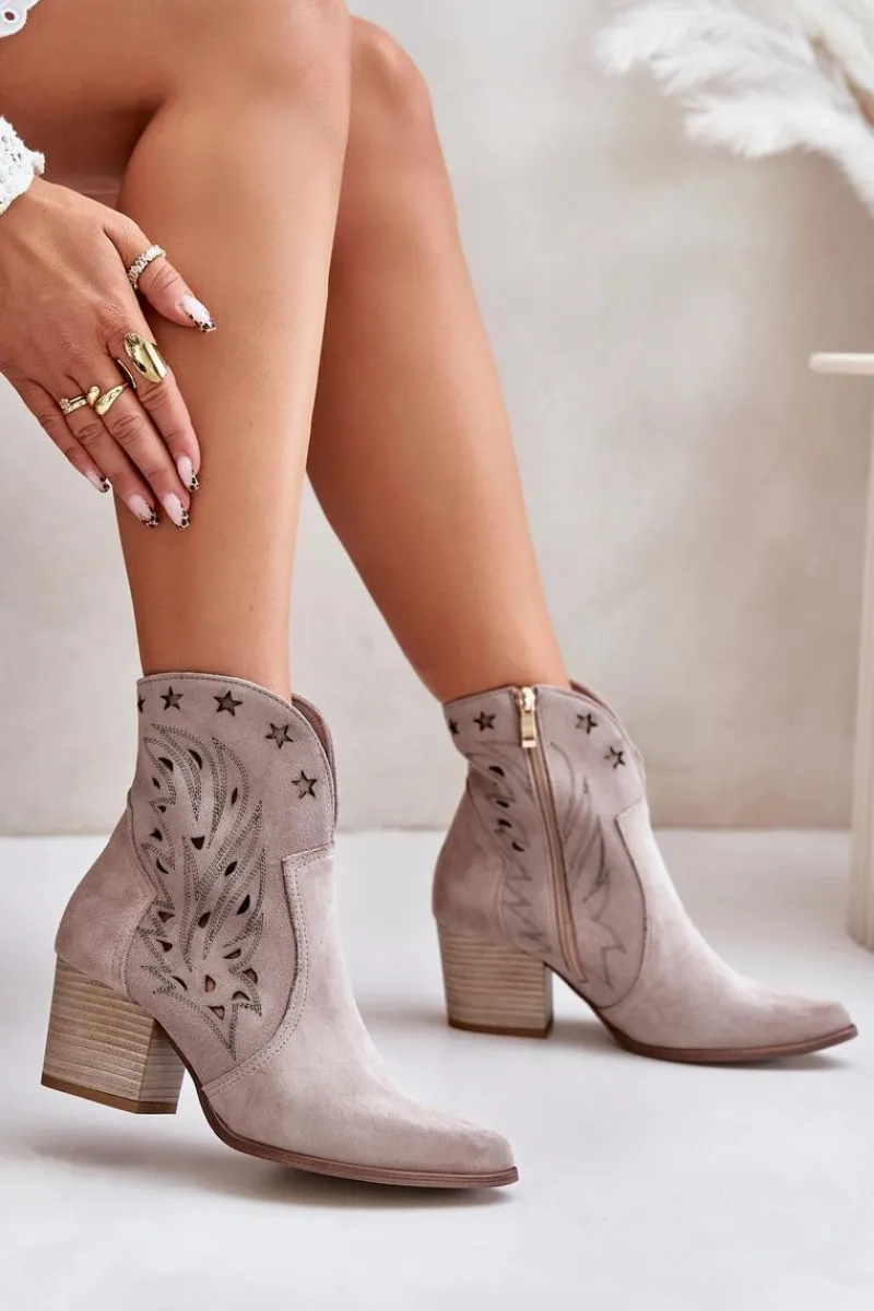 New Ażurowe Botki Kowbojki Zamszowe Na Słupku Lewski 3613 Cappucino Damskie Botki Ażurowe|Brązowe I Beżowe Botki
