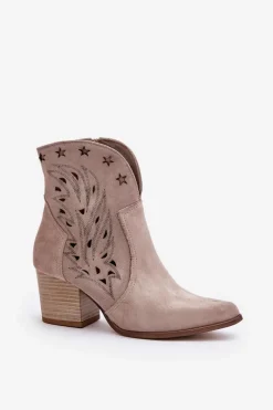 New Ażurowe Botki Kowbojki Zamszowe Na Słupku Lewski 3613 Cappucino Damskie Botki Ażurowe|Brązowe I Beżowe Botki