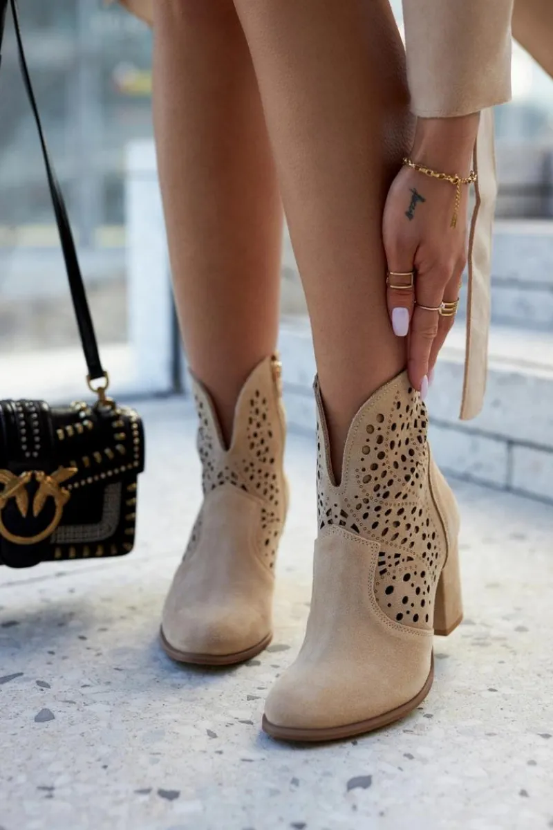 Outlet Ażurowe Botki Lewski Shoes 3166 Beżowe Damskie Botki Wiosenne|Botki Na Słupku