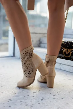 Outlet Ażurowe Botki Lewski Shoes 3166 Beżowe Damskie Botki Wiosenne|Botki Na Słupku