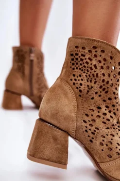 Best Ażurowe Botki Lewski Shoes 3166 Beżowe Damskie Botki Wiosenne|Botki Na Słupku