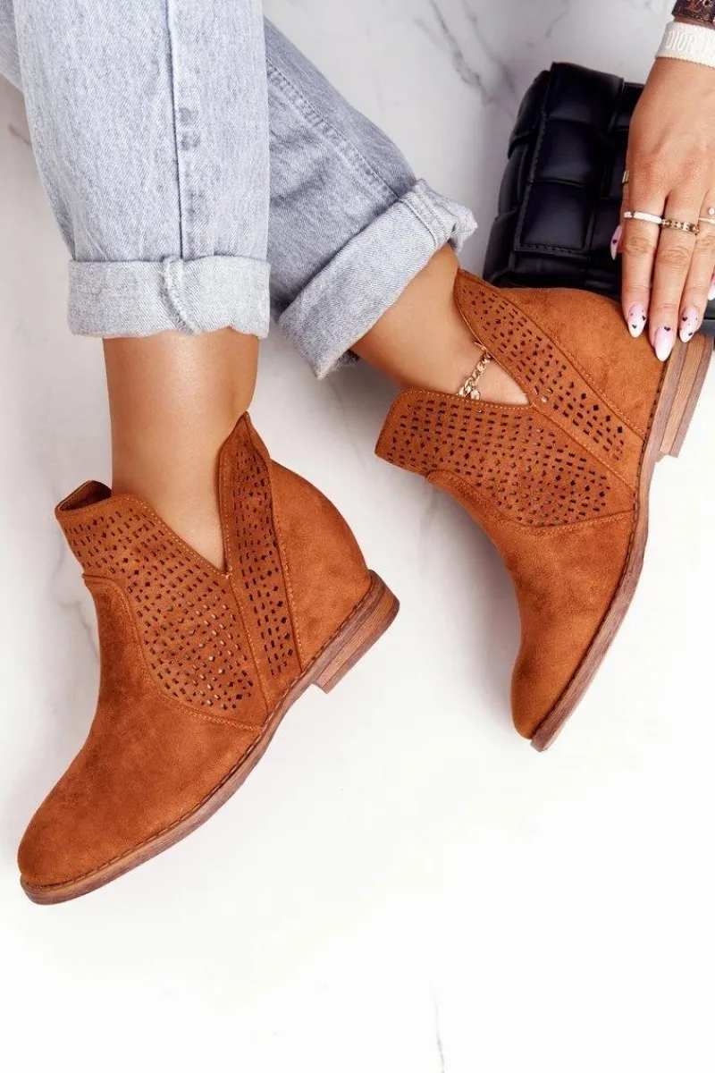 Botki Wiosenne|Botki Na Koturnie>Damskie buty S.Barski Ażurowe Botki Na Koturnie S.Barski Camel