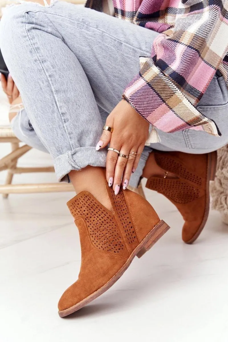 Botki Wiosenne|Botki Na Koturnie>Damskie buty S.Barski Ażurowe Botki Na Koturnie S.Barski Camel