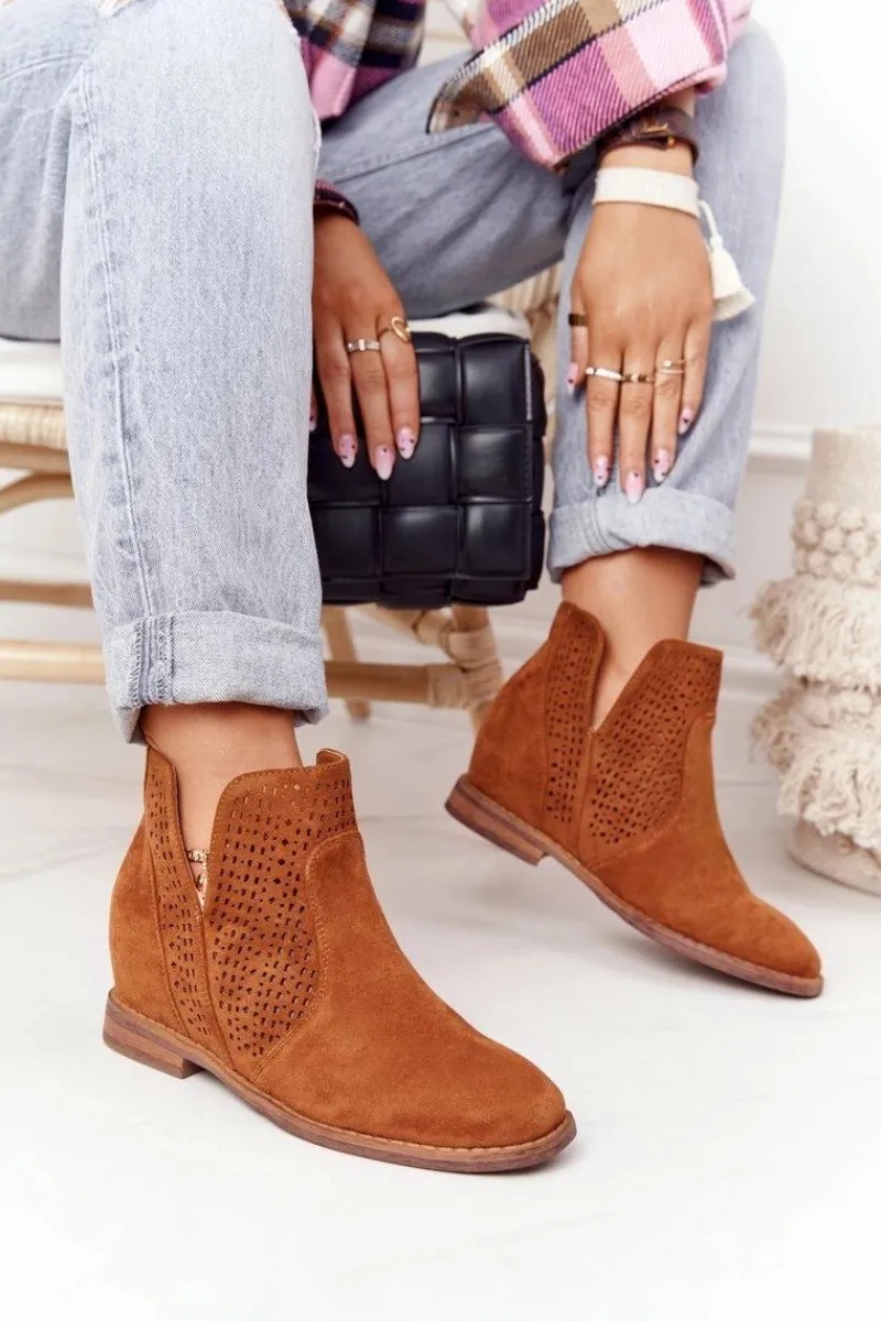 Botki Wiosenne|Botki Na Koturnie>Damskie buty S.Barski Ażurowe Botki Na Koturnie S.Barski Camel