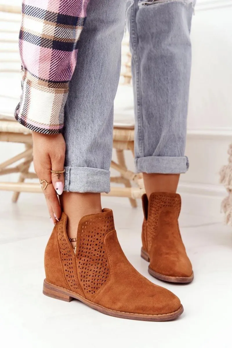 Botki Wiosenne|Botki Na Koturnie>Damskie buty S.Barski Ażurowe Botki Na Koturnie S.Barski Camel