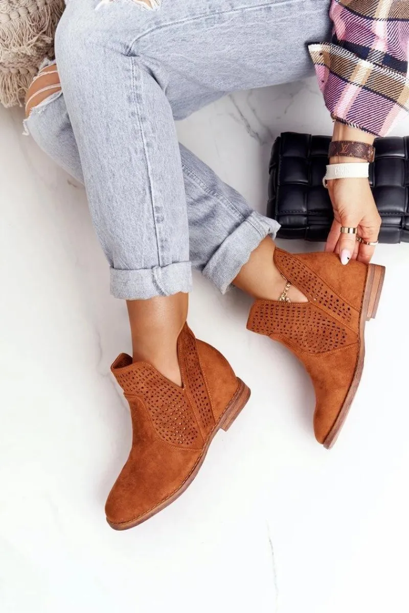 Botki Wiosenne|Botki Na Koturnie>Damskie buty S.Barski Ażurowe Botki Na Koturnie S.Barski Camel