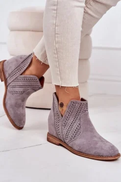 Clearance Ażurowe Botki Na Koturnie Szare Melanie Damskie Botki Wiosenne|Botki Na Koturnie